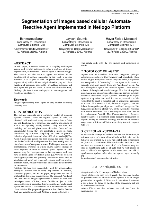 (PDF) Segmentation of Images based Cellular AutomataReactive Agent Implemented in Netlogo