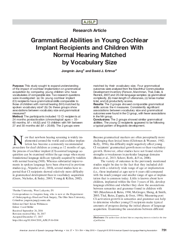 (PDF) Grammatical Abilities in Young Cochlear Implant Recipients and ...