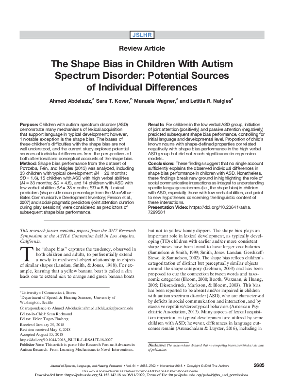 (PDF) The Shape Bias in Children With Autism Spectrum Disorder ...
