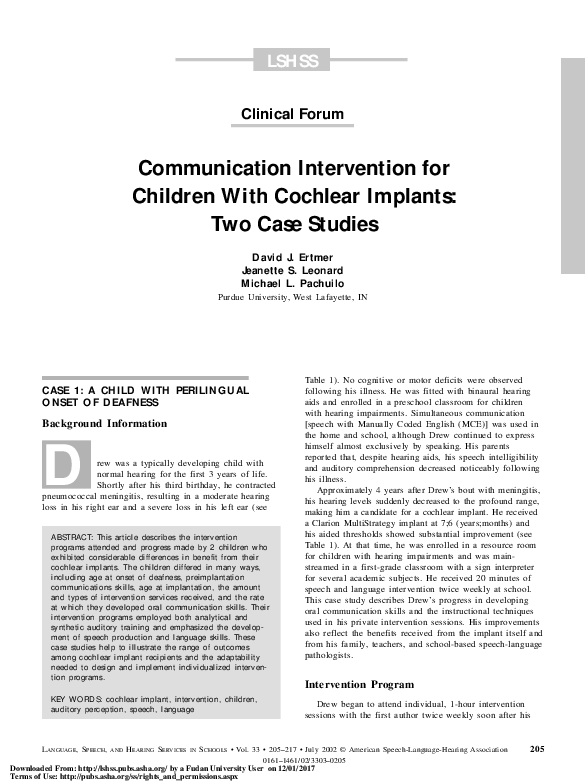 (PDF) Communication Intervention for Children With Cochlear Implants