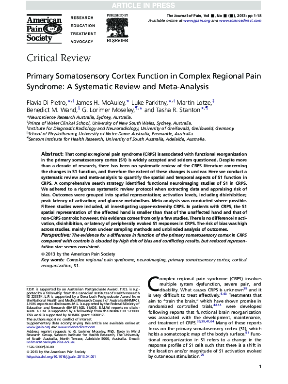 (PDF) Primary Somatosensory Cortex Function in Complex Regional Pain ...