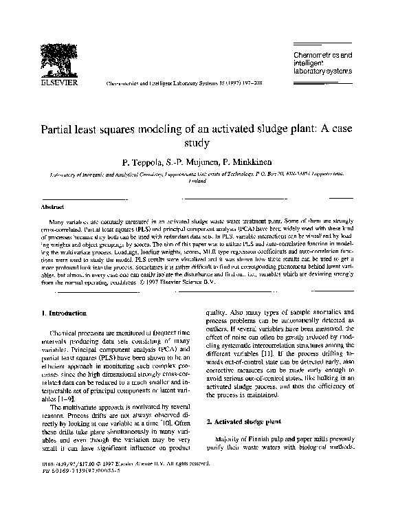 (PDF) Partial least squares modeling of an activated sludge plant: A ...
