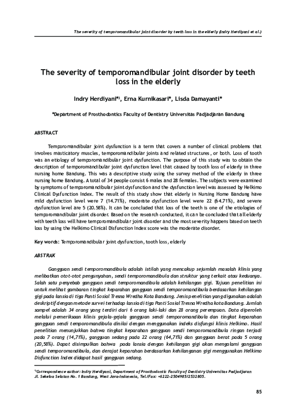 (PDF) The severity of temporomandibular joint disorder by teeth loss in ...