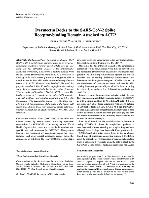 (PDF) Ivermectin Docks to the SARS-CoV-2 Spike Receptor-binding Domain ...