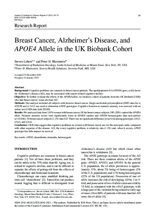 (PDF) Breast Cancer, Alzheimer’s Disease, and APOE4 Allele in the UK ...