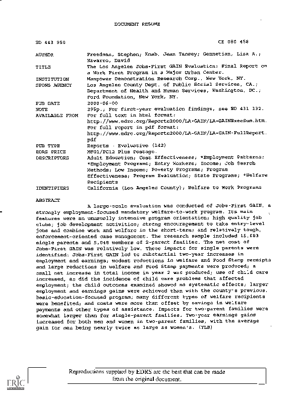 (PDF) The Los Angeles Jobs-First GAIN evaluation: Final report on a ...