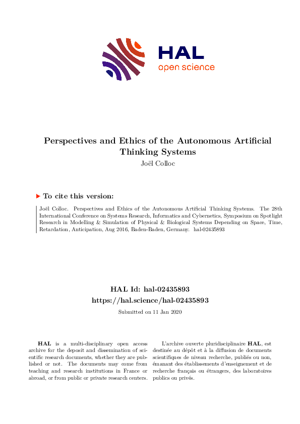 (PDF) Perspectives and Ethics of the Autonomous Artificial Thinking Systems