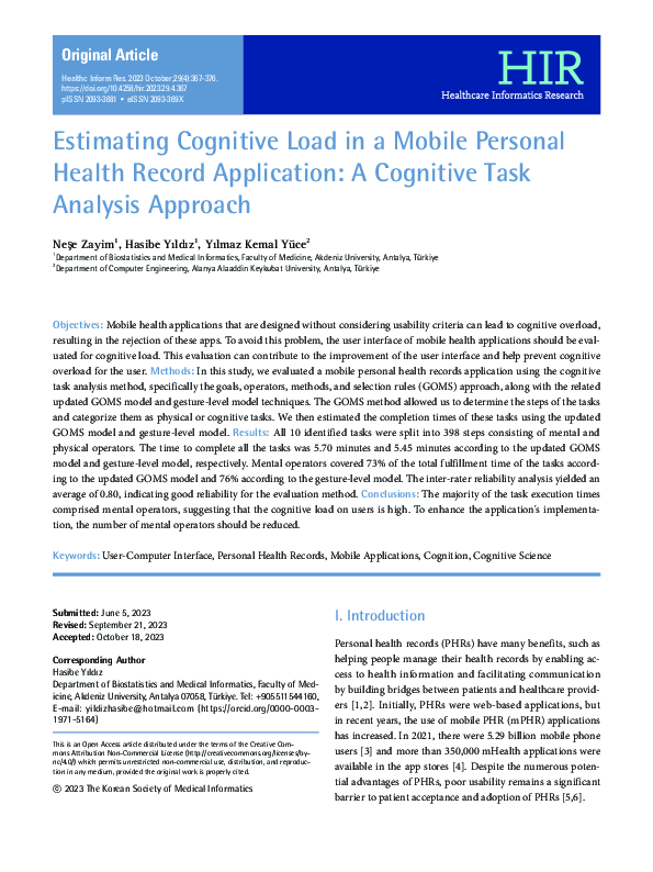 (PDF) Estimating Cognitive Load in a Mobile Personal Health Record ...