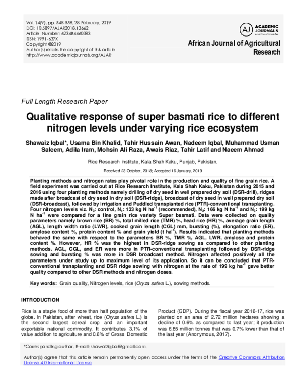 (PDF) Qualitative response of super basmati rice to different nitrogen ...
