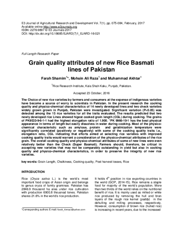 (PDF) Grain quality attributes of new Rice Basmati lines of Pakistan