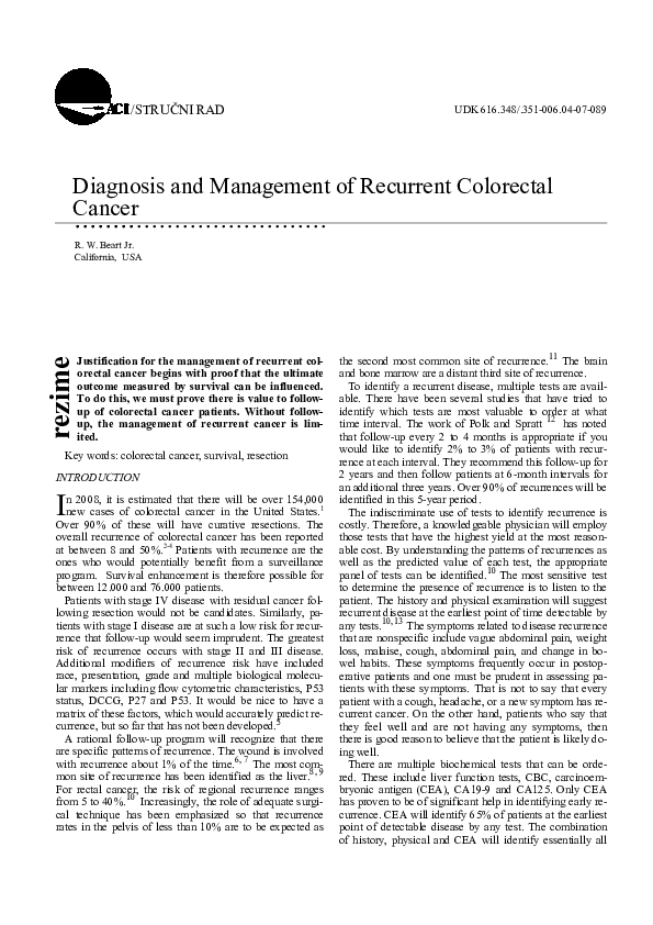(PDF) Diagnosis and management of recurrent colorectal cancer