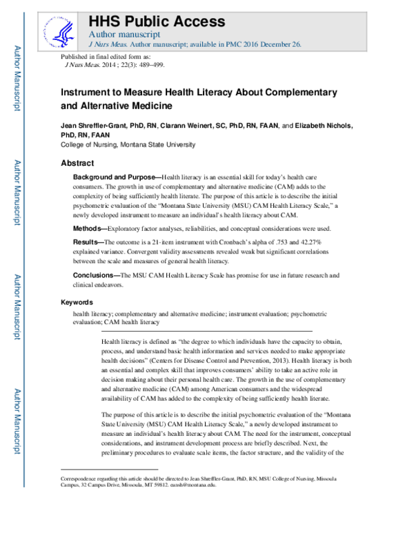(PDF) Instrument to Measure Health Literacy About Complementary and ...