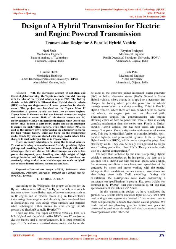 (PDF) Design of A Hybrid Transmission for Electric and Engine Powered ...