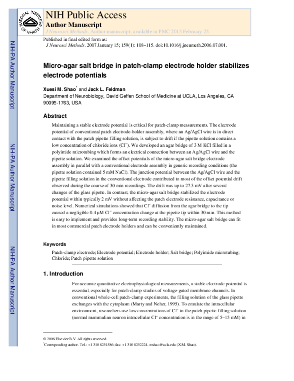 (PDF) Microagar salt bridge in patchclamp electrode holder stabilizes