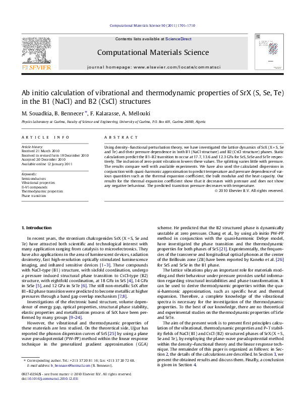 (PDF) Ab initio calculation of vibrational and thermodynamic properties ...