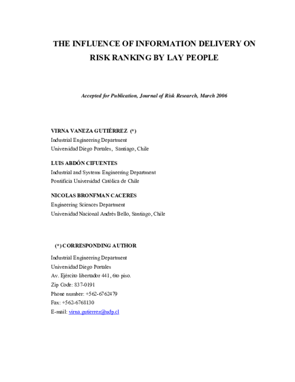 (PDF) The Influence of Information Delivery on Risk Ranking by Lay People