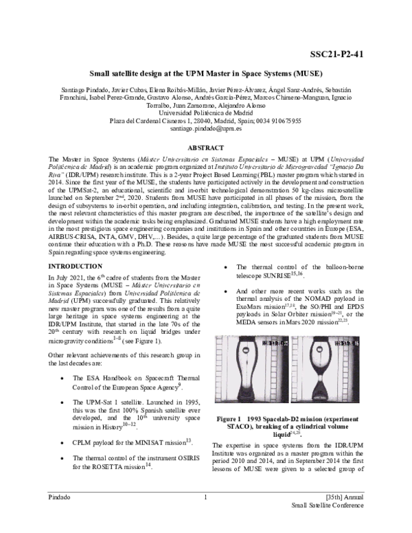 (PDF) Small Satellite Design at the UPM Master in Space Systems (MUSE)