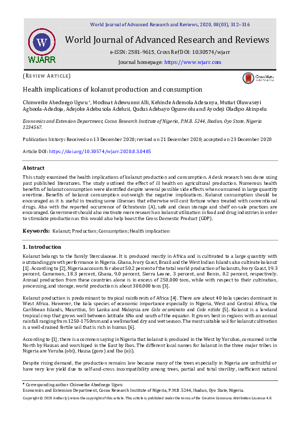 (PDF) Health implications of kolanut production and consumption