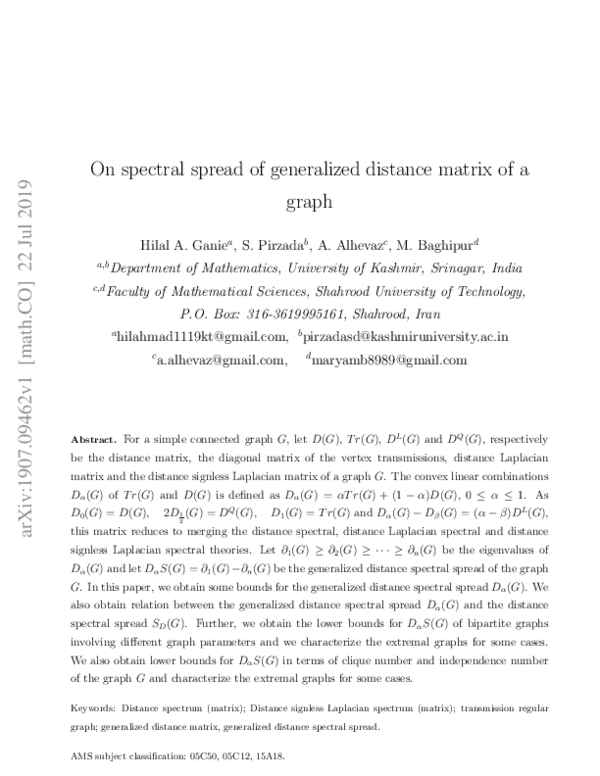 (PDF) On spectral spread of generalized distance matrix of a graph