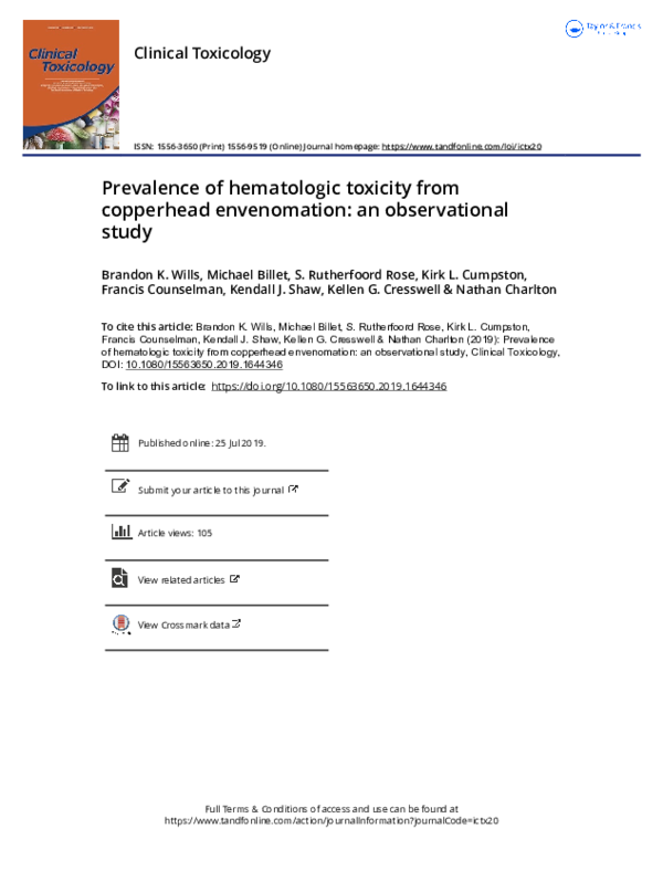 (PDF) Prevalence of hematologic toxicity from copperhead envenomation