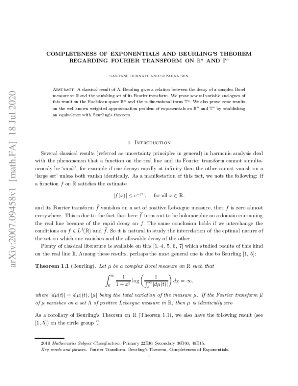 (PDF) Completeness of exponentials and Beurling’s theorem on $$\mathbb ...