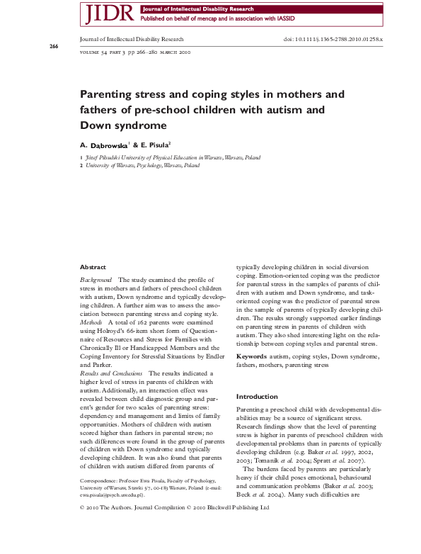 (PDF) Parenting stress and coping styles in mothers and fathers of pre ...