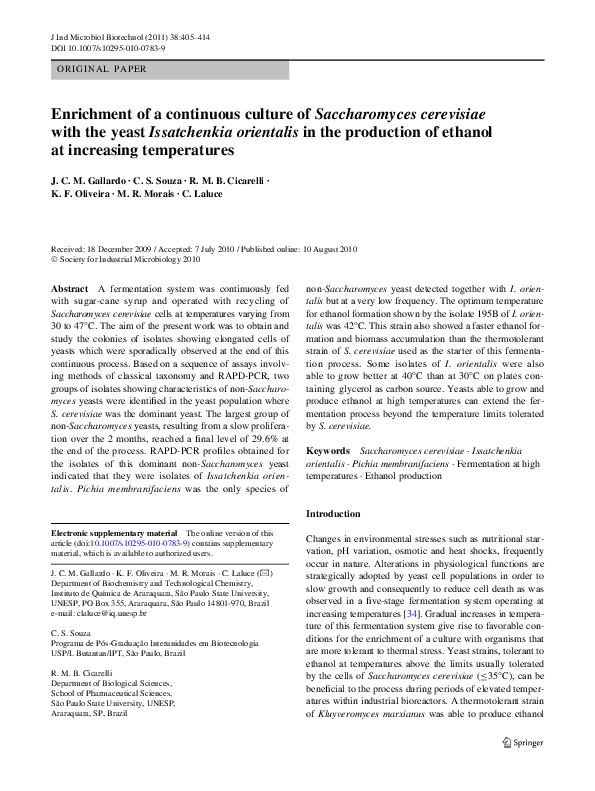 (PDF) Enrichment of a continuous culture of Saccharomyces cerevisiae ...