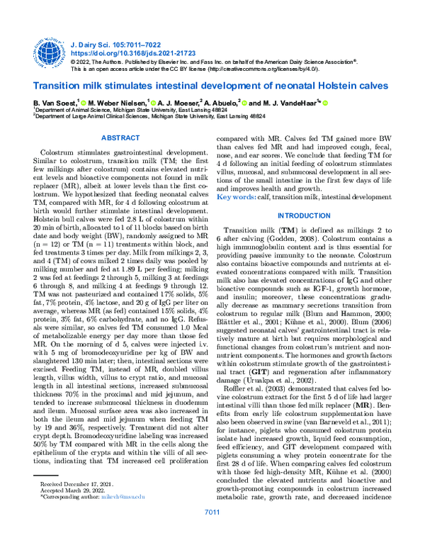 Pdf Transition Milk Stimulates Intestinal Development Of Neonatal