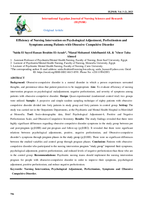 (PDF) Efficiency of Nursing Intervention on Psychological Adjustment ...