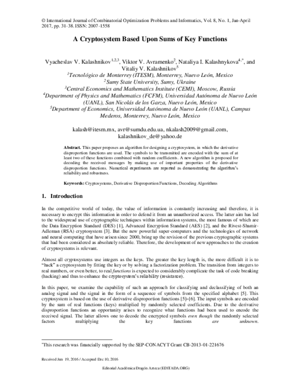 (PDF) A Cryptosystem Based Upon Sums of Key Functions