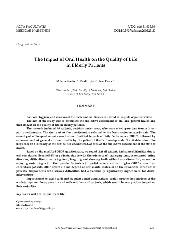 (PDF) The impact of oral health on the quality of life in elderly patients