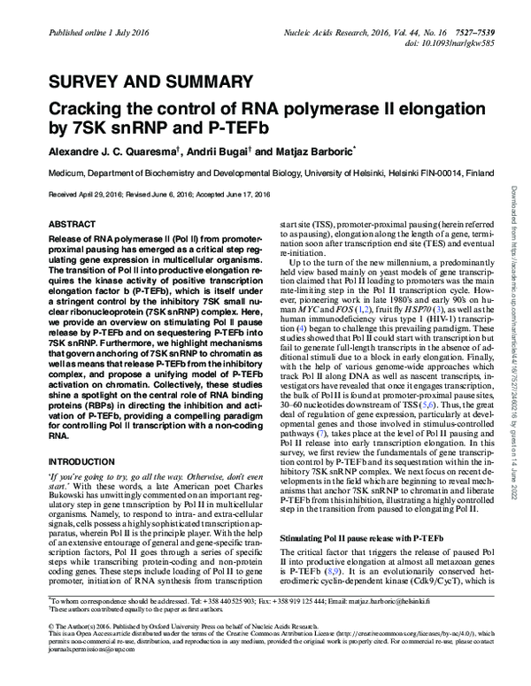 (PDF) Cracking the control of RNA polymerase II elongation by 7SK snRNP ...