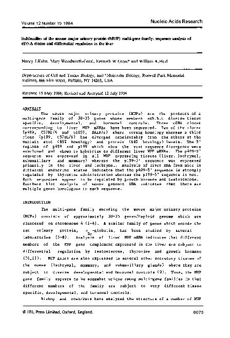 (PDF) Subfamilies of the mouse major urinary protein (MUP) multi-gene ...