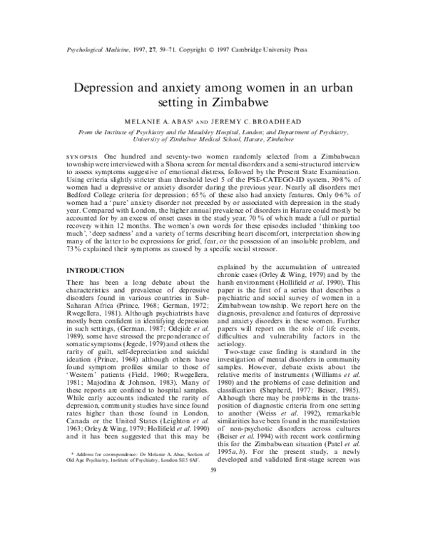 (PDF) Depression and anxiety among women in an urban setting in Zimbabwe