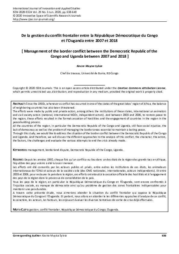 (PDF) Management of the border conflict between the Democratic Republic ...