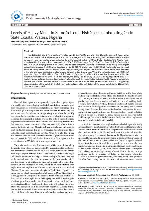 (PDF) Levels of Heavy Metal in Some Selected Fish Species Inhabiting ...