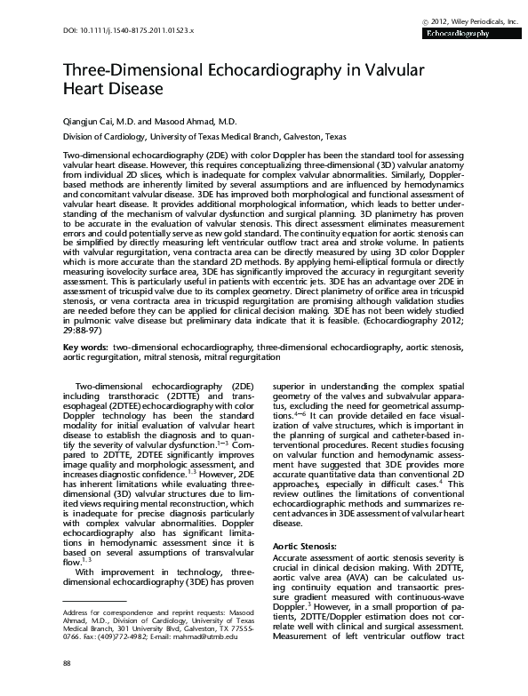 (PDF) Three‐Dimensional Echocardiography in Valvular Heart Disease
