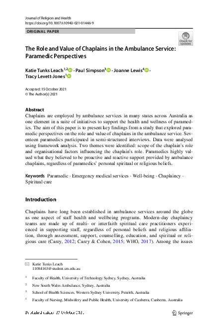 (PDF) The Role and Value of Chaplains in the Ambulance Service ...