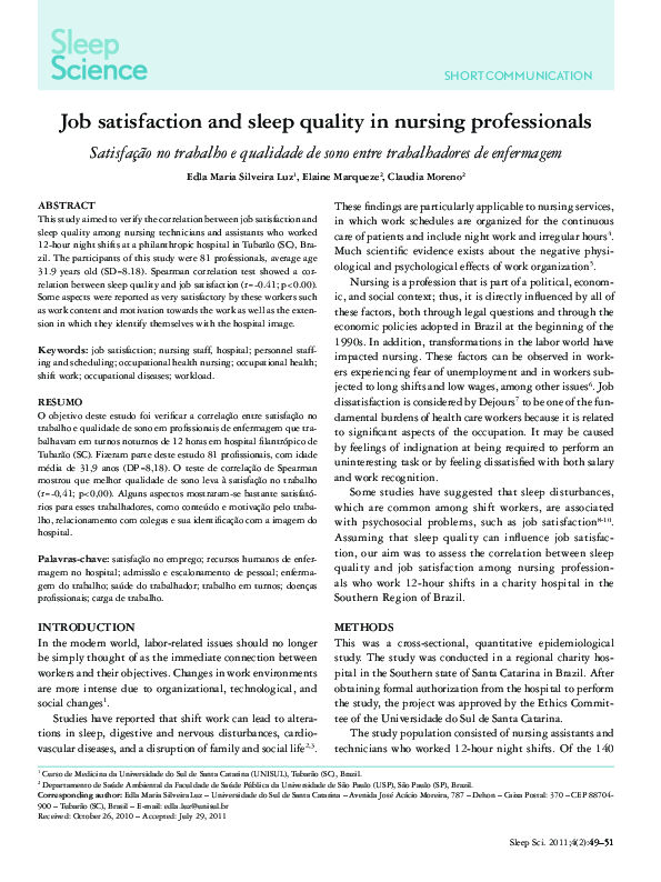 (PDF) Job satisfaction and sleep quality in nursing professionals