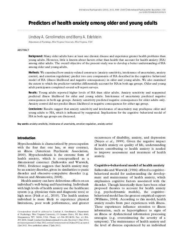 (PDF) Predictors of health anxiety among older and young adults