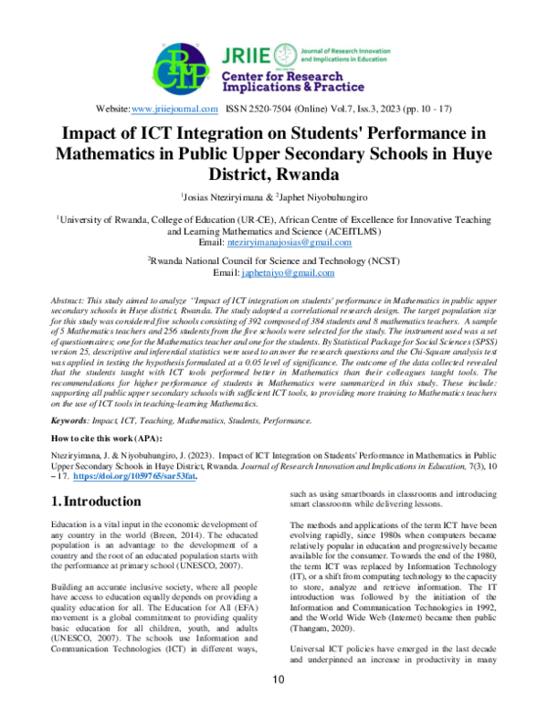 (PDF) Impact of ICT Integration on Students’ Performance in Mathematics ...