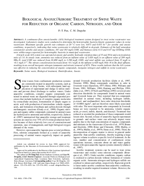 (PDF) Biological Anoxic/Aerobic Treatment of Swine Waste for Reduction ...