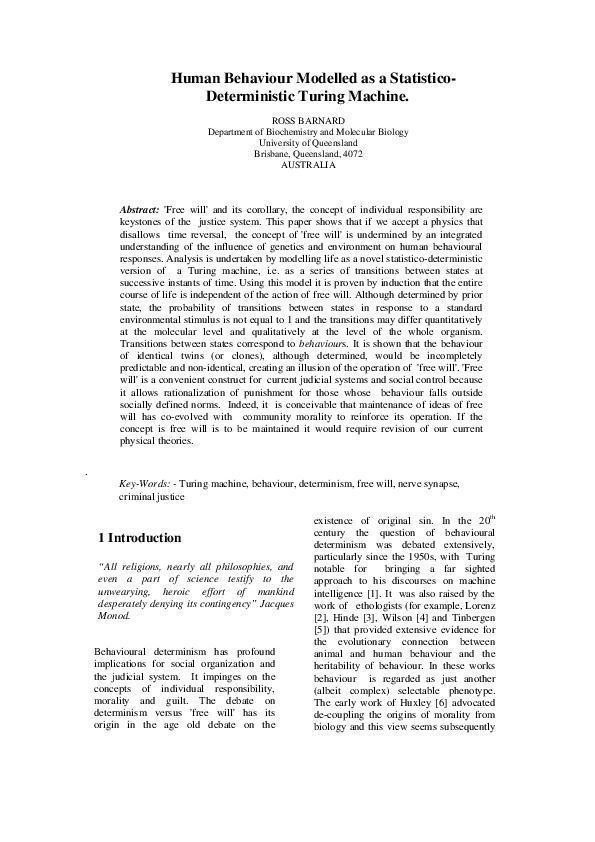 (PDF) Human behaviour modelled as a statistico-deterministic turing machine