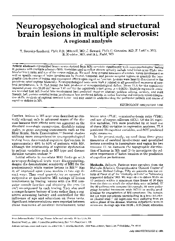 (PDF) Neuropsychological and structural brain lesions in multiple ...