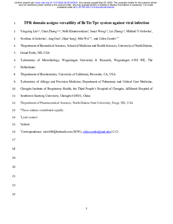 (PDF) TPR domain assigns versatility of BcTir/Tpr system against viral ...