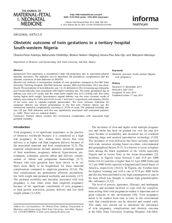 (PDF) Obstetric outcome of twin gestations in a tertiary hospital South ...