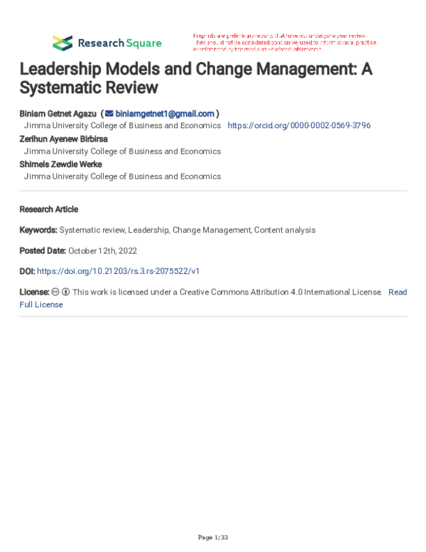 (PDF) Leadership Models and Change Management: A Systematic Review