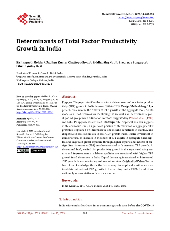 (PDF) Determinants of Total Factor Productivity Growth in India