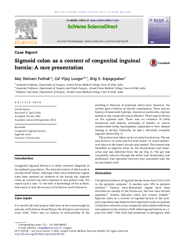 (PDF) Sigmoid colon as a content of congenital inguinal hernia: A rare ...