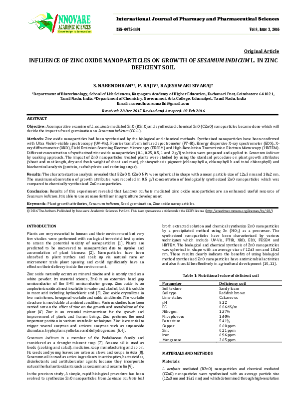 (PDF) INFLUENCE OF ZINC OXIDE NANOPARTICLES ON GROWTH OF SESAMUM ...